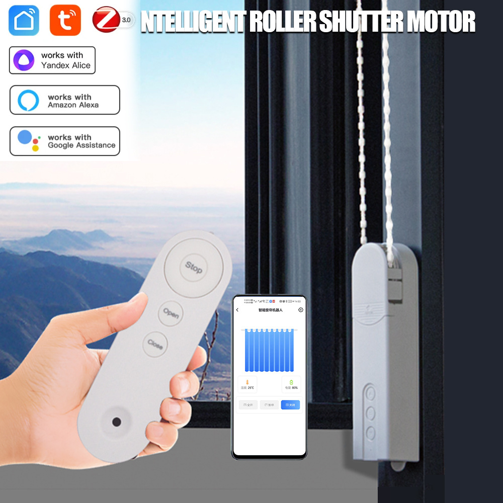 Tuya WiFi Zigbee Battery-Powered Smart Voice APP Controlled Roller Shutter Motor Remote Control Blinds Electric Pull Rope Window