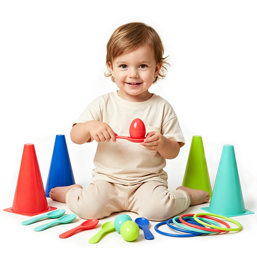 Educational Family Interactive Game Set - Ring Toss &amp; Egg Spoon Race with Colorful Cones for Kids