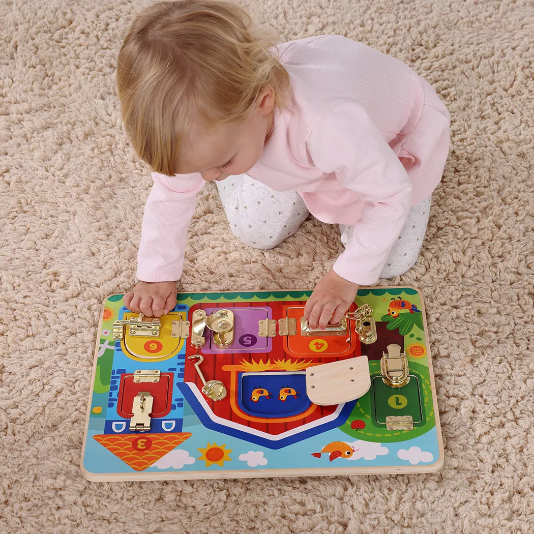 Wooden Busy Board Toddler Activity Board with Locks and Latches Promotes Sensory Learning Travel Toy