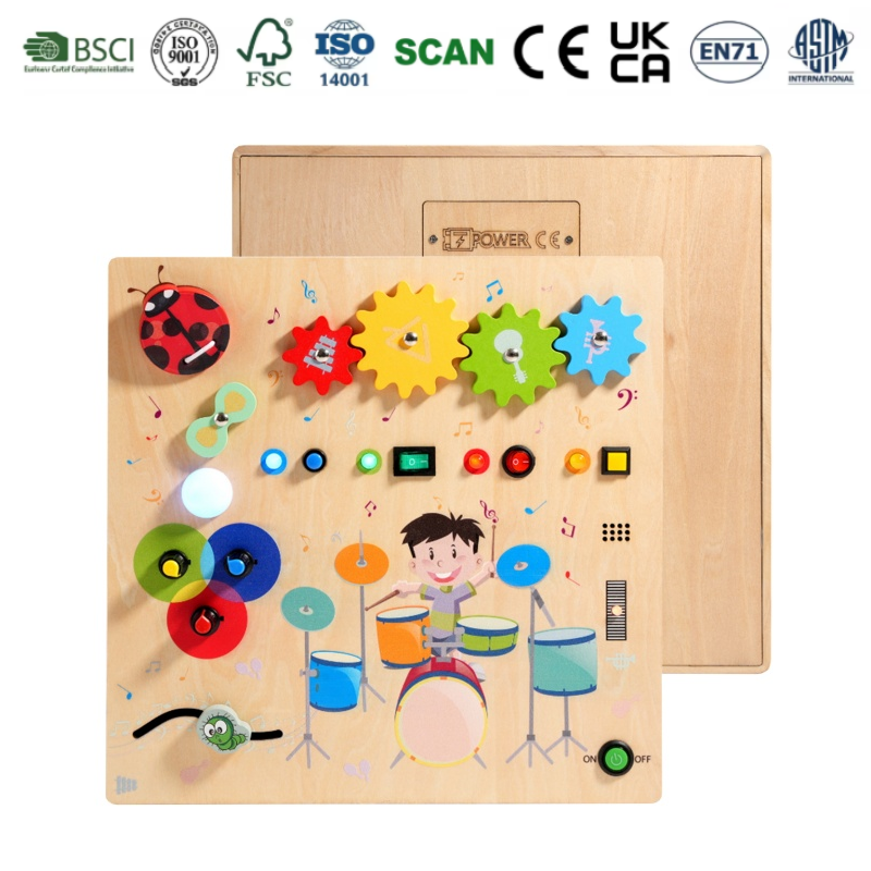 Colorful Cartoon Drum Busy Board Wooden Montessori Early Learning Intellectual Enlightenment Sensory Toy For Toddlers