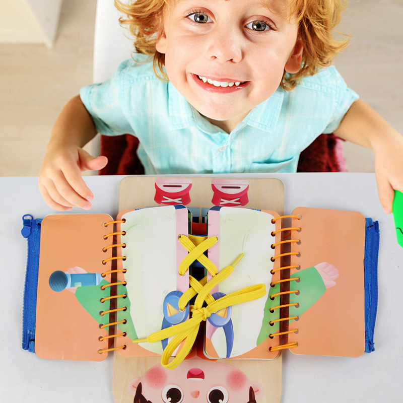 Children's Wood Multi-Layer Busy Blackboard Writing Montessori Early Education Fine Motor Training Life Skills Toys for Ages 4-6