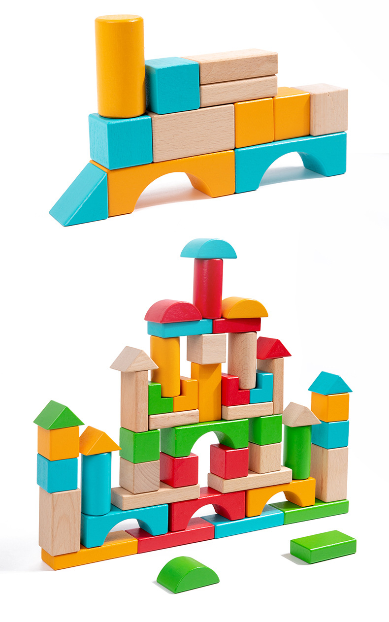 Wooden Early Education 50 Pieces of Beech Wood Large Particle Geometric Assembly Building Blocks for Children's Creative Construction Stacking Puzzle Toy Wholes