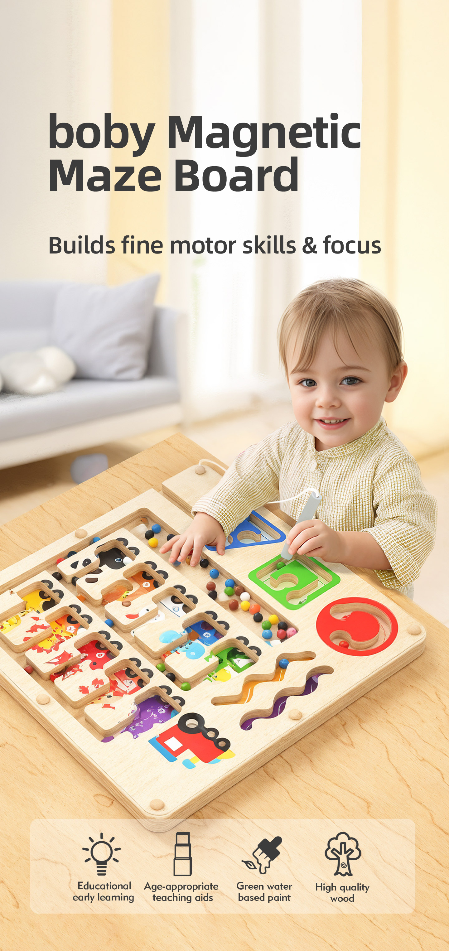 Montessori Wooden Educational Toys for Toddlers 1-3 Years Sensory Train Magnetic Maze