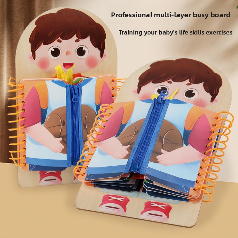 Children's Wood Multi-Layer Busy Blackboard Writing Montessori Early Education Fine Motor Training Life Skills Toys for Ages 4-6