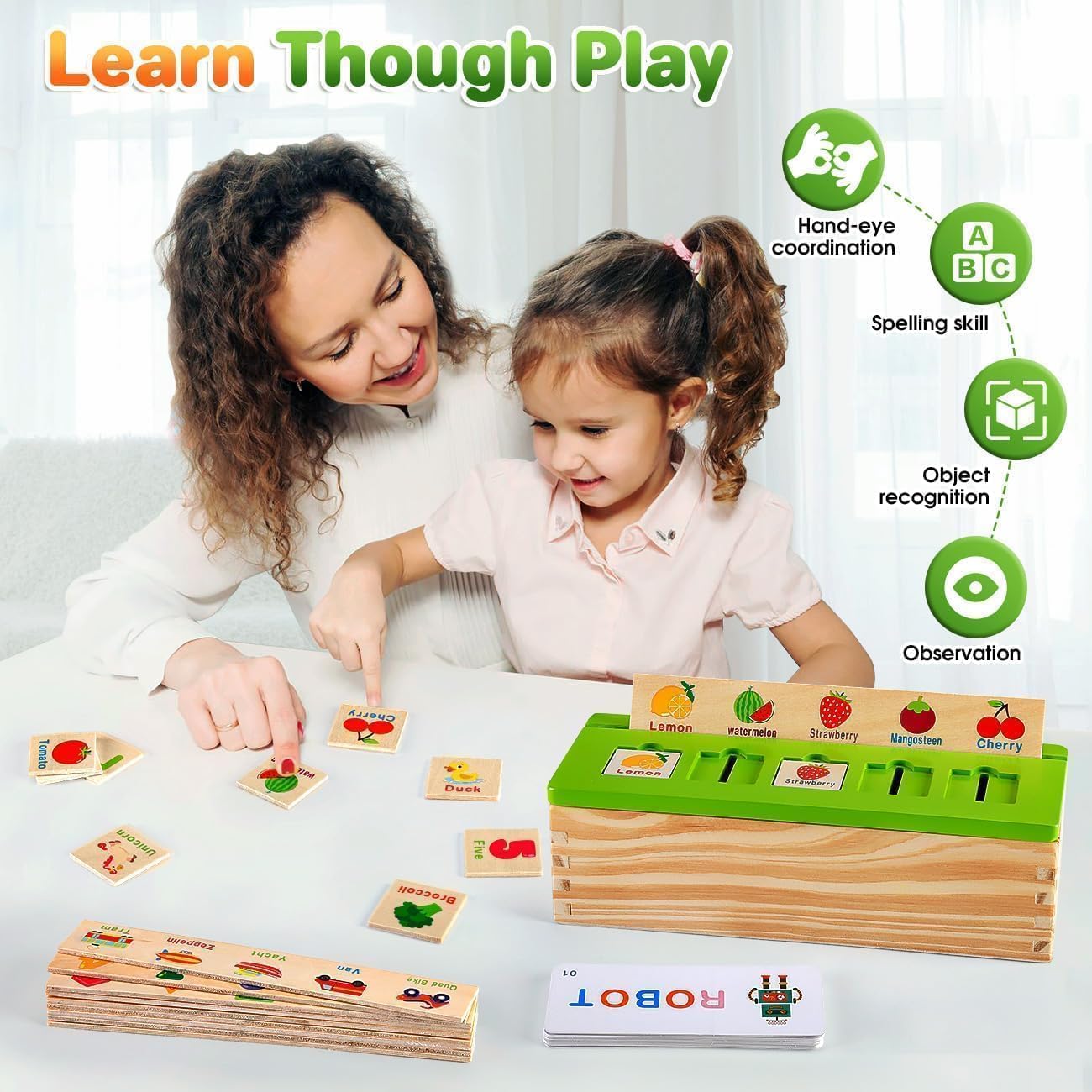 Montessori Wooden Educational Toys Unisex Toddlers 3-5 Years Old Spelling Cognition Matching Game Preschool Math Learning Tool