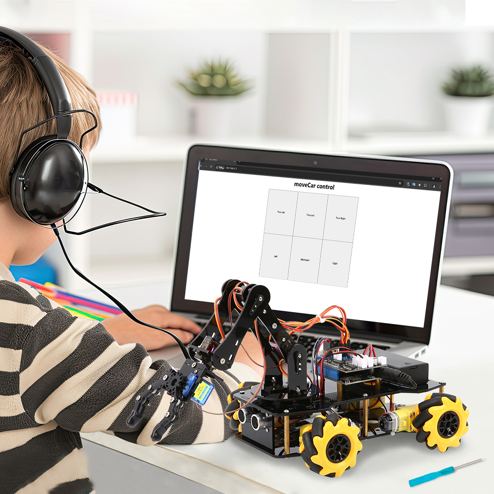 ACEBOOT WiFi IOT Project 4WD Mecanum Wheels Robot Arm Car Kit for Arduino STEM Education Kids Toys Coding Learning for Kids