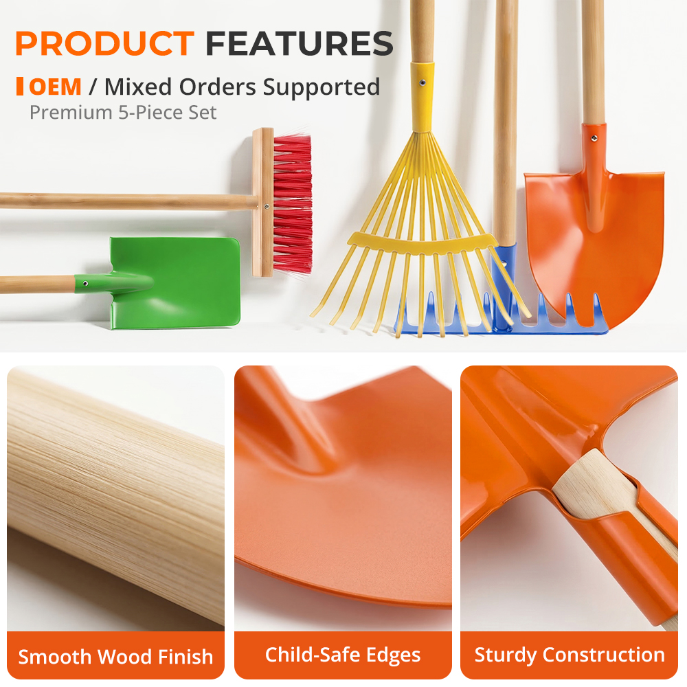 One99 Educational Custom Kids Outdoor Toys 5-in-1 Real Metal Yard Play Set Wholesale Preschool Garden Tools OEM Wooden Handle