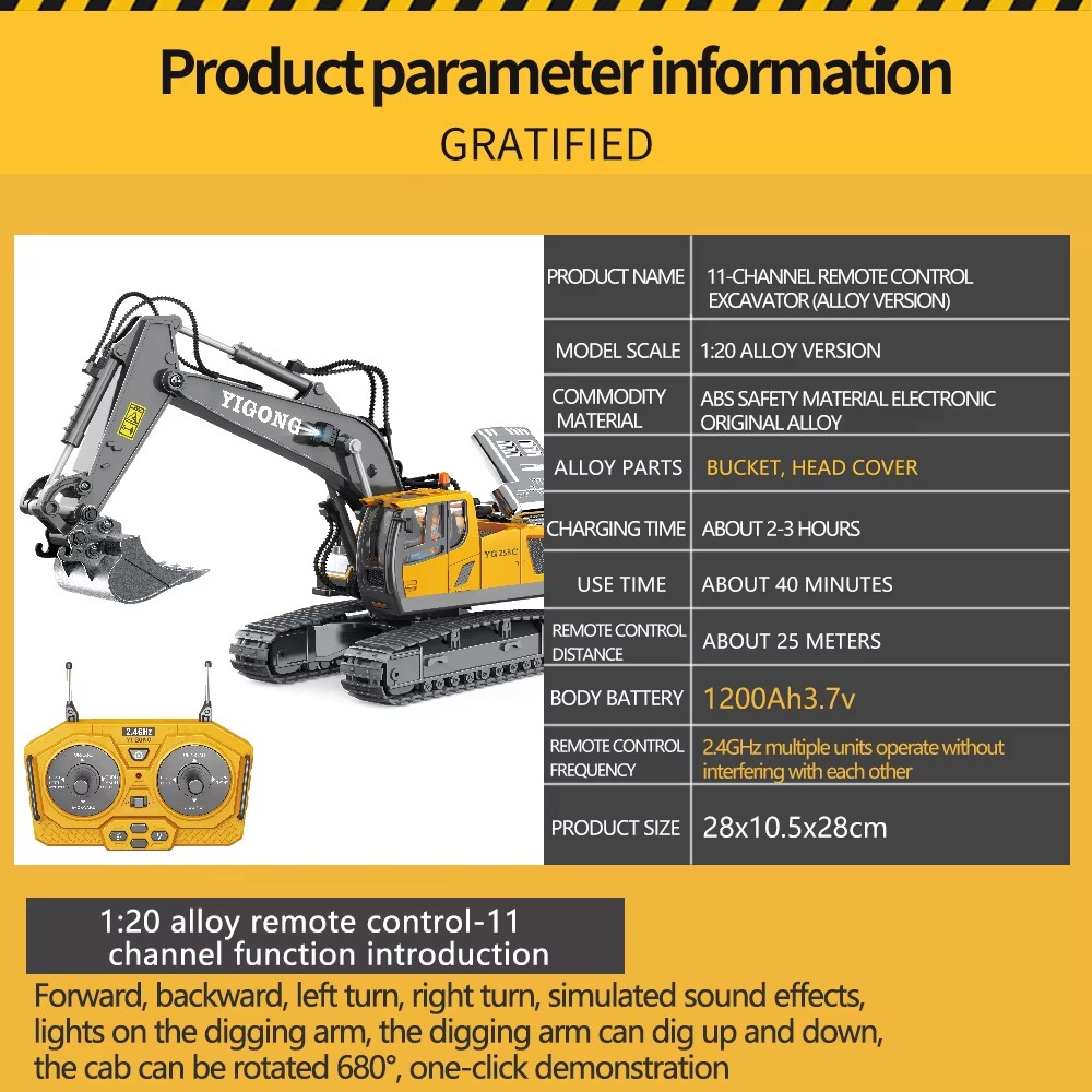 1 20 Kids RC Excavator 2.4GHz 11CH RC Construction Truck Engineering Vehicles Educational Toys with Light Music