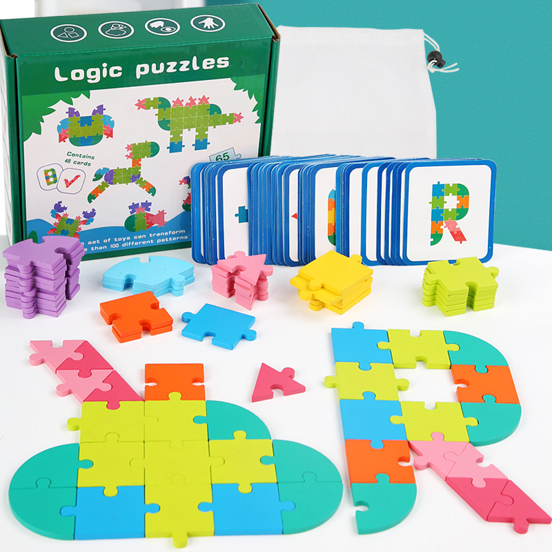65-Piece Wood Buckle Puzzle for Children's Early Education Logical Thinking Geometric Shape Puzzle Digital Letter Learning Toy