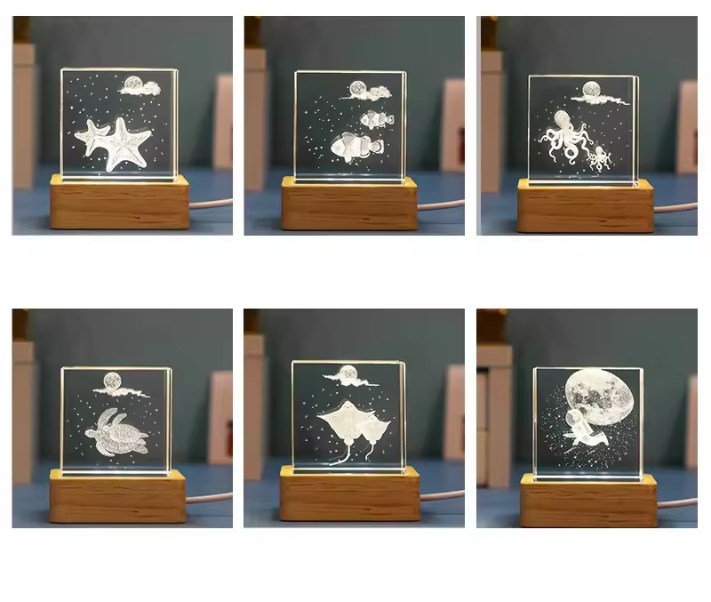 Wholesale 3D Three-dimensional Dolphin Starfish Animals Trees Cube Artifact Clear Crystal Cube Night Light Decoration