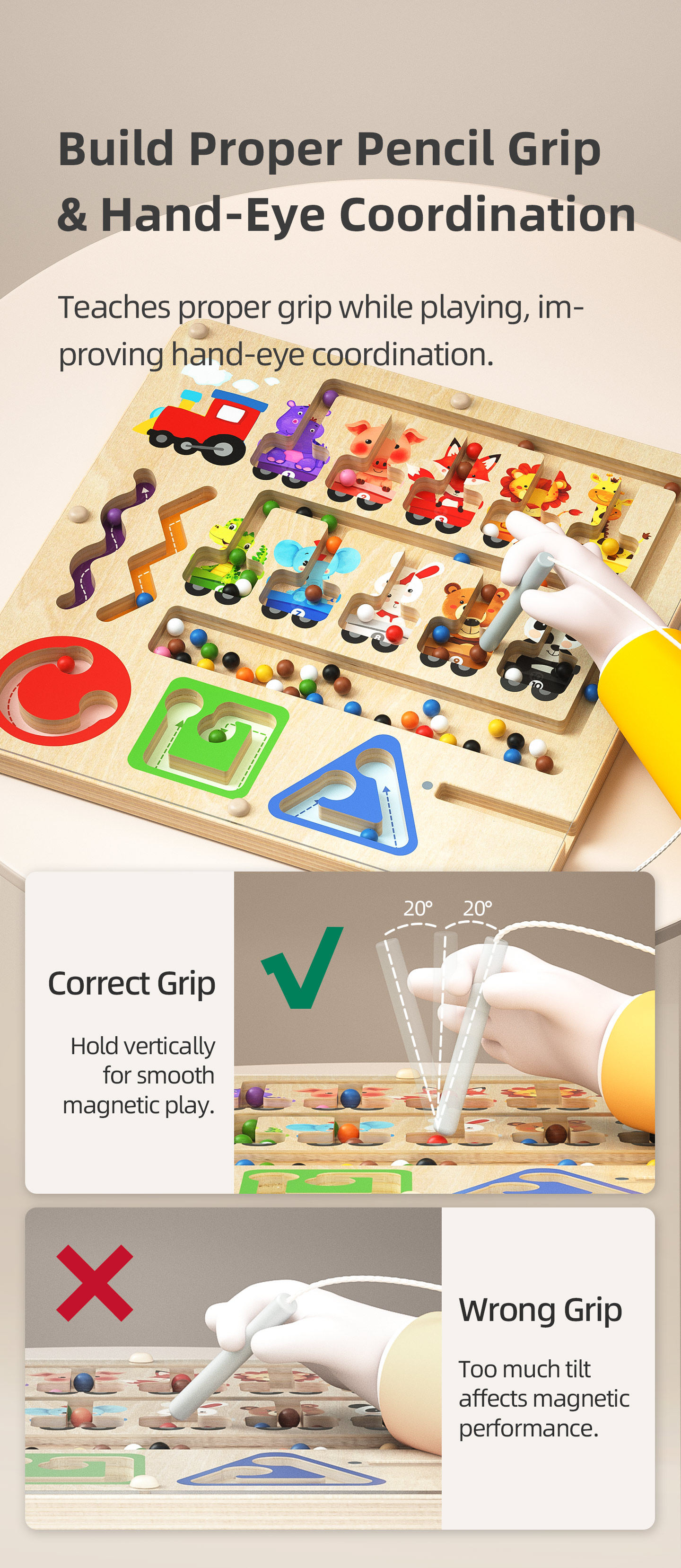 Montessori Wooden Educational Toys for Toddlers 1-3 Years Sensory Train Magnetic Maze