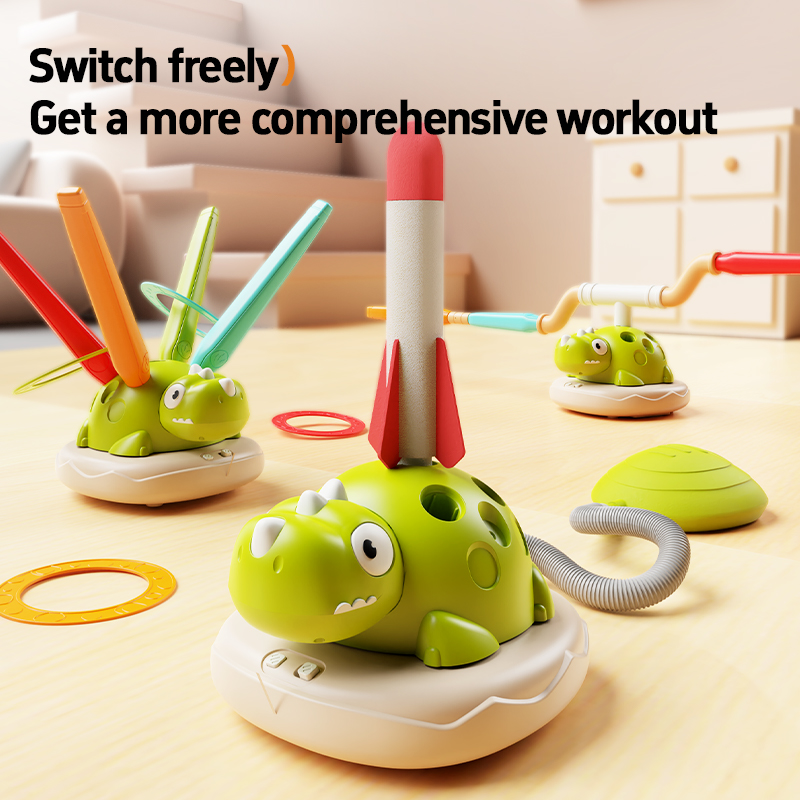 Unisex Educational Outdoor Sports Entertainment 3-in-1 Dinosaur Machine Set Launch Rocket Jump Rope Ringtoss Game Plastic