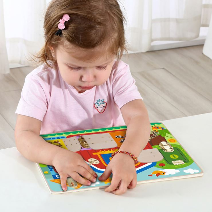 Wooden Busy Board Toddler Activity Board with Locks and Latches Promotes Sensory Learning Travel Toy
