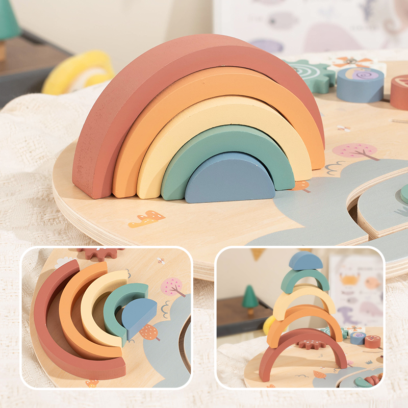 KWONG U TOYS Toddler Rainbow Wooden Sensory Board Montessori Educational Toy 38.8x27cm Multiple Activities Interactive Busy