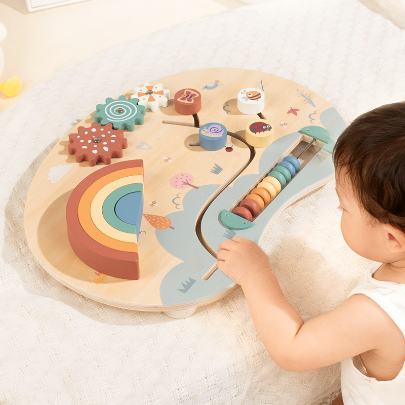 KWONG U TOYS Toddler Rainbow Wooden Sensory Board Montessori Educational Toy 38.8x27cm Multiple Activities Interactive Busy