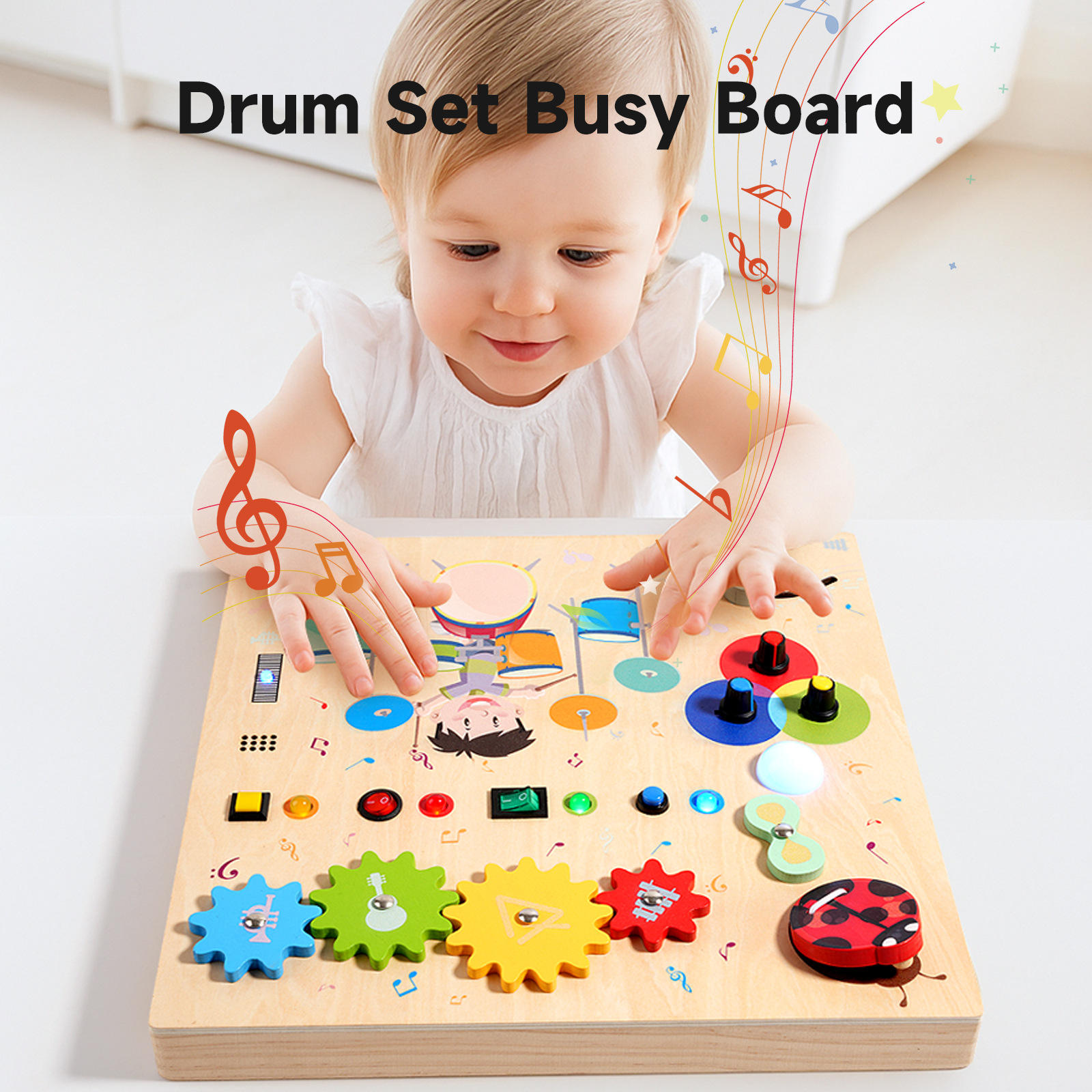 Colorful Cartoon Drum Busy Board Wooden Montessori Early Learning Intellectual Enlightenment Sensory Toy For Toddlers