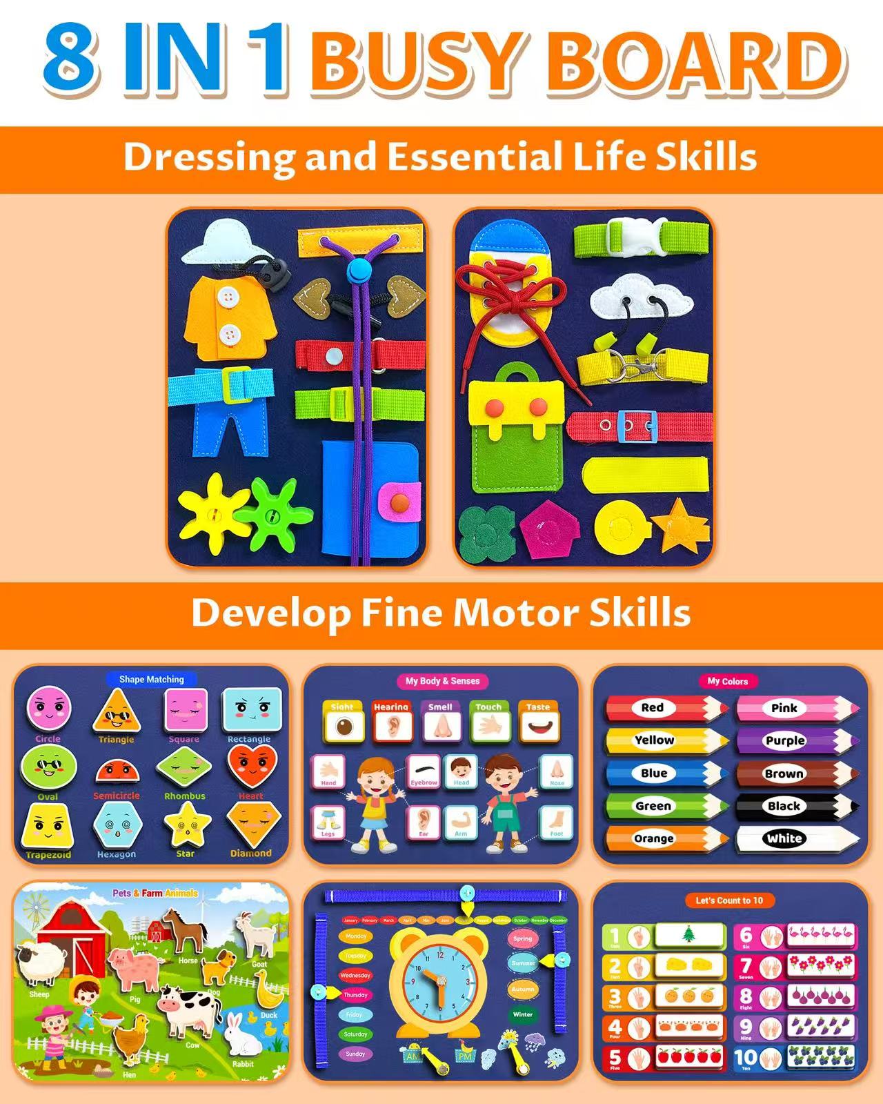 Various Multi Page Styles Educational Learning Felt Montessori Sensory Board Learning Fine Motor Skills Toddler Busy Board