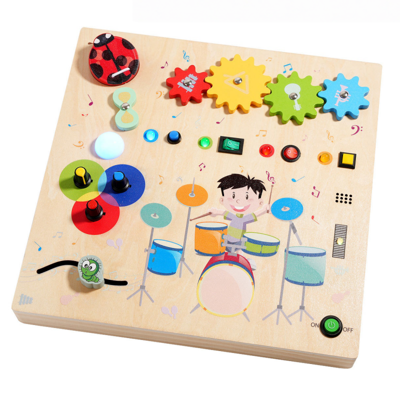 Colorful Cartoon Drum Busy Board Wooden Montessori Early Learning Intellectual Enlightenment Sensory Toy For Toddlers