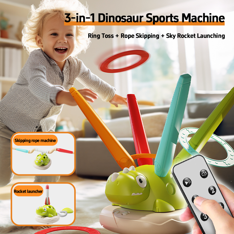 Unisex Educational Outdoor Sports Entertainment 3-in-1 Dinosaur Machine Set Launch Rocket Jump Rope Ringtoss Game Plastic