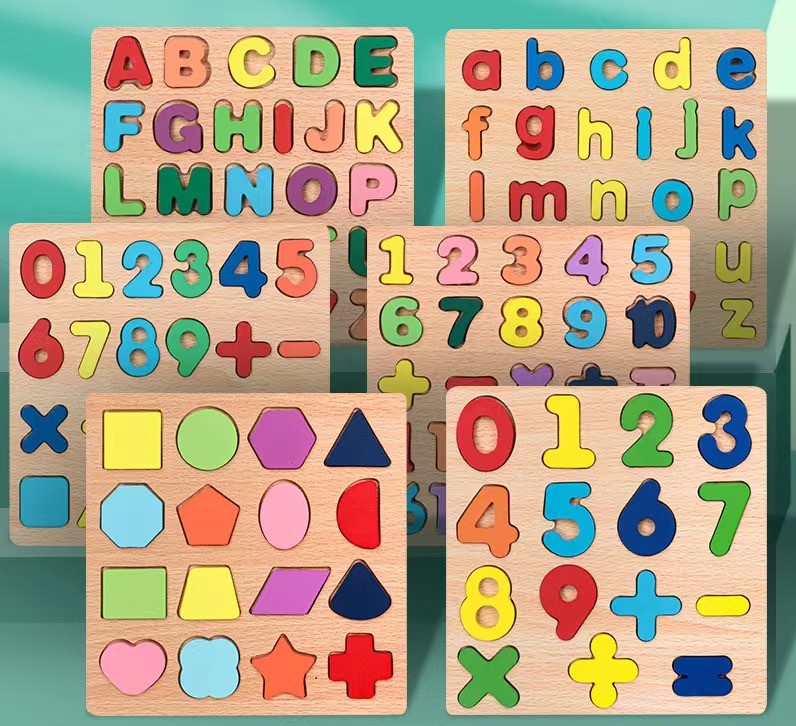 Wholesale Wooden Board Alphabet Number Kids Montessori 3D Learning Puzzle Shaped Cognitive Board Toys
