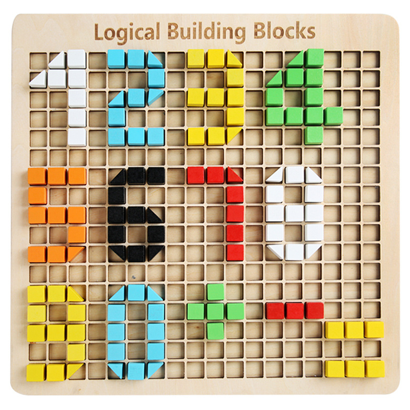 CPC CE Montessori Wooden Pixel Mosaic Puzzle Logical Building Blocks Pixelated Creative Art Board Educational Toys for Kids Gift