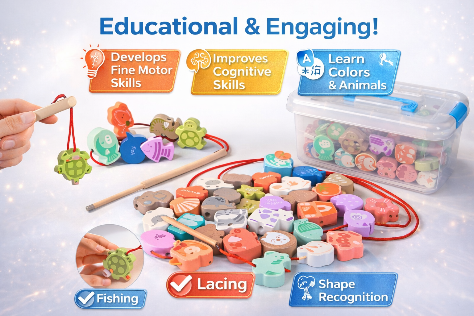 43 Pcs Macaron Farm + Ocean Beads Montessori Wooden Toys Box Smart Early Education Sensory STEM Toys for Toddlers Children