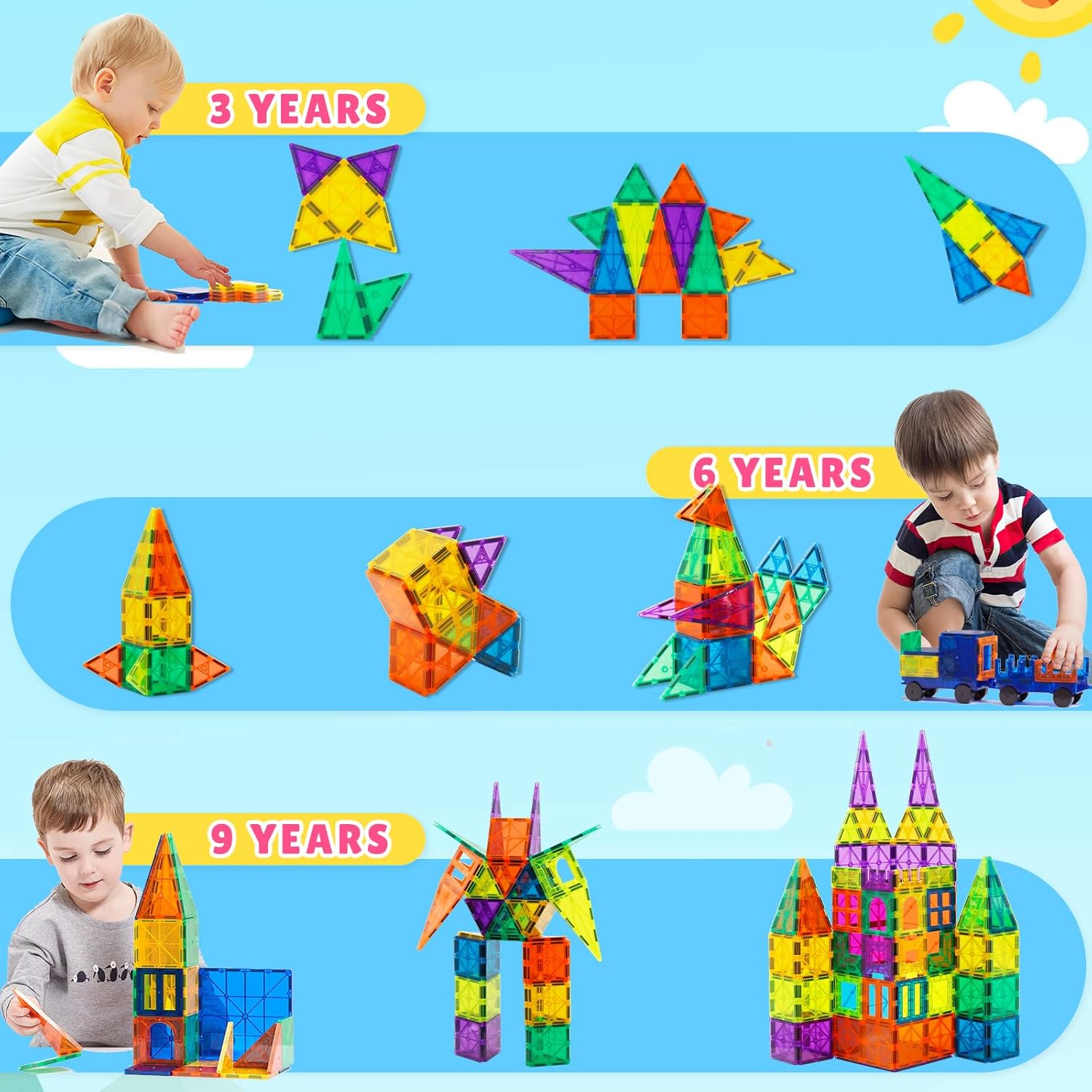 Magnetic Plastic Tiles Building Blocks for Kids Ages 4-9 Stacking Set STEM Preschool Educational Learning Construction Toy