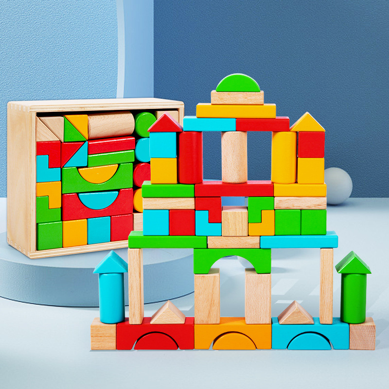 Wooden Early Education 50 Pieces of Beech Wood Large Particle Geometric Assembly Building Blocks for Children's Creative Construction Stacking Puzzle Toy Wholes