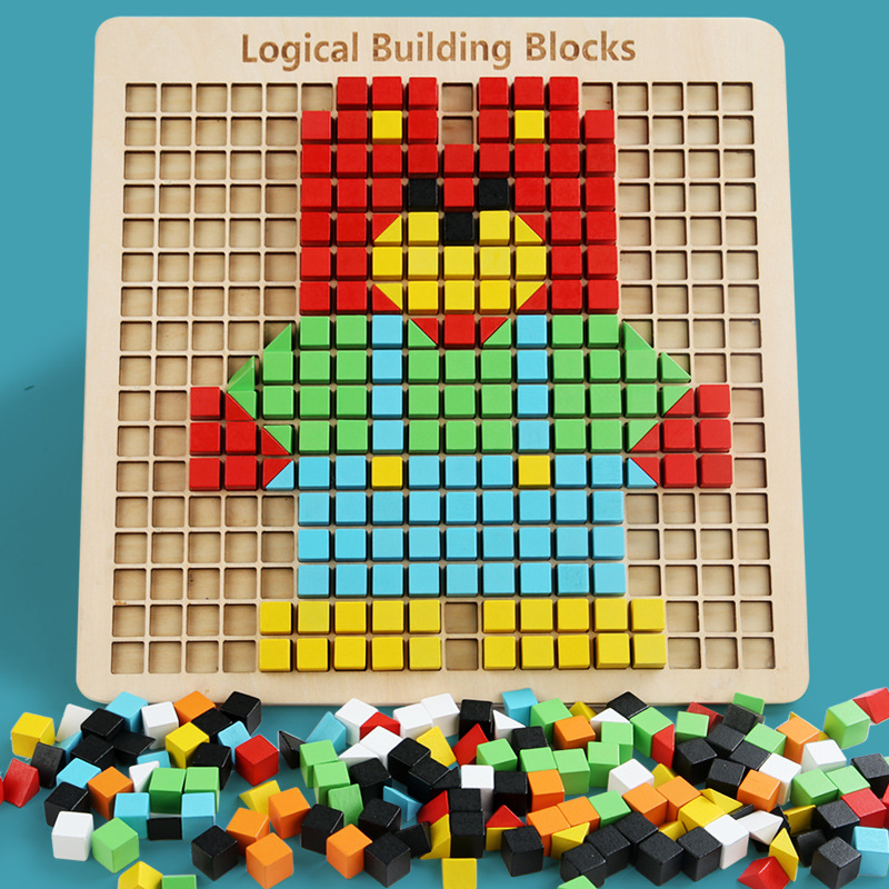 CPC CE Montessori Wooden Pixel Mosaic Puzzle Logical Building Blocks Pixelated Creative Art Board Educational Toys for Kids Gift