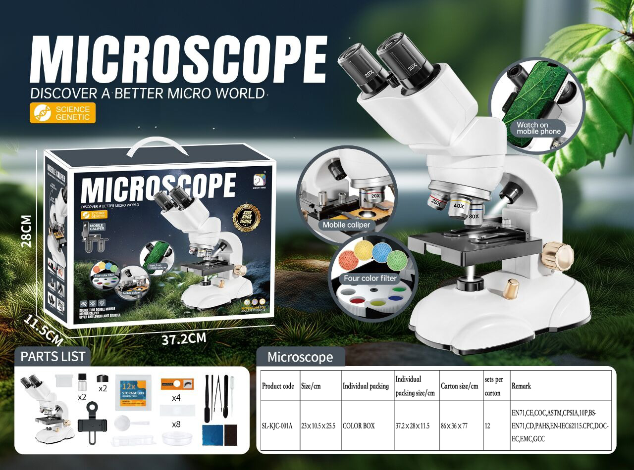 Kids Binocular Microscope Kit 20X-80X Magnification Mobile Phone Adapter Educational Science Toy for Students
