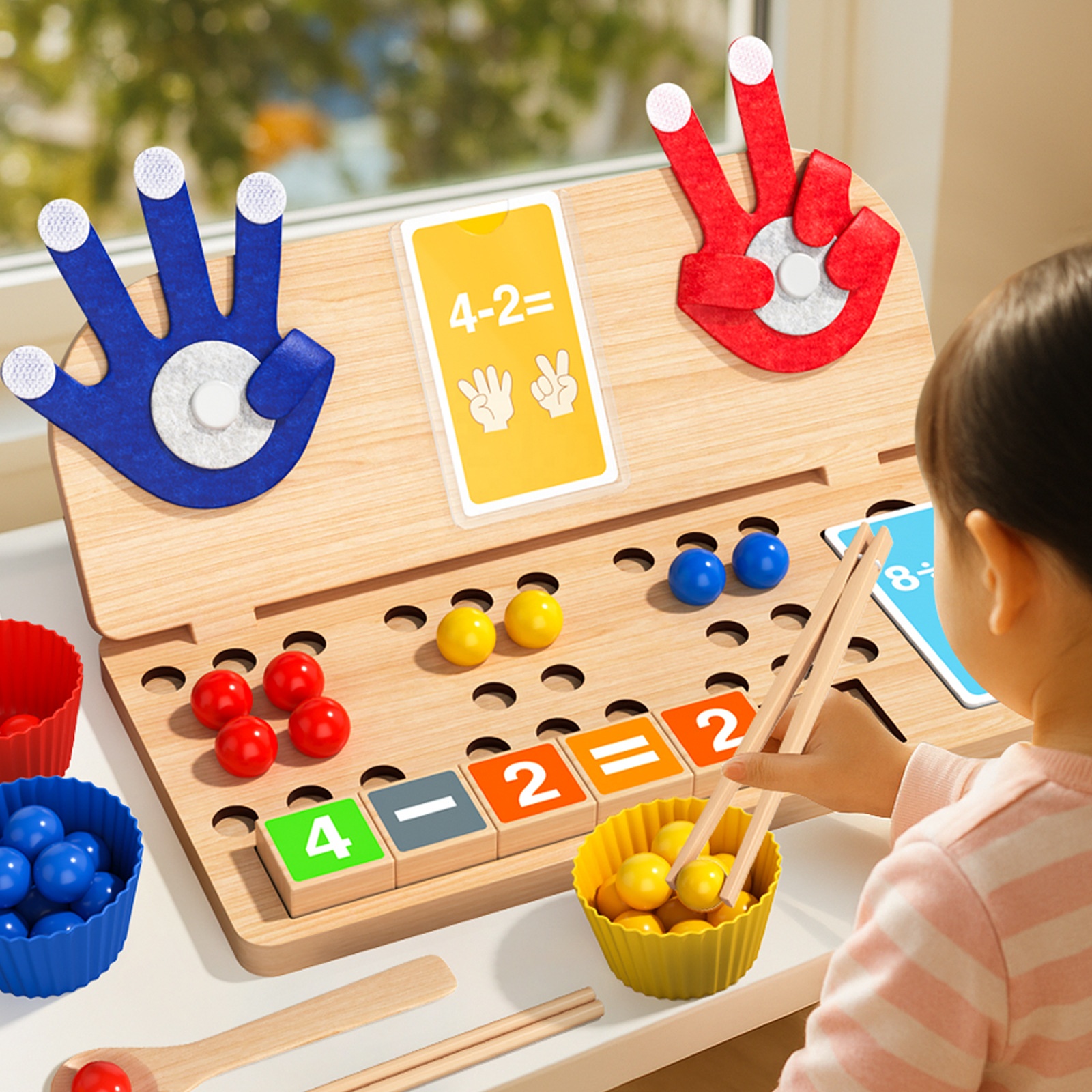 Montessori Wooden Math Learning Toy Clip Beads Matching Add Subtract Multiply and Divide Game Finger Arithmetic Educational Toy