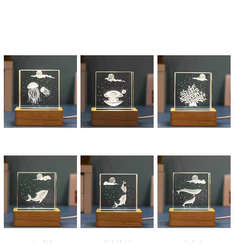Wholesale 3D Three-dimensional Dolphin Starfish Animals Trees Cube Artifact Clear Crystal Cube Night Light Decoration