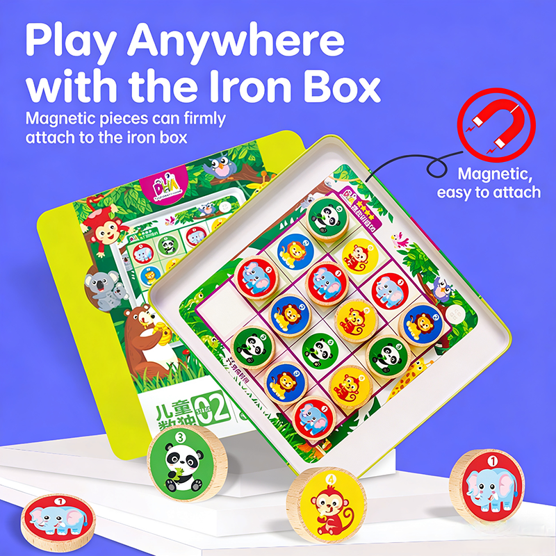Magnetic Animal Sudoku Board Game, Wooden Educational Logic Puzzle for Kids