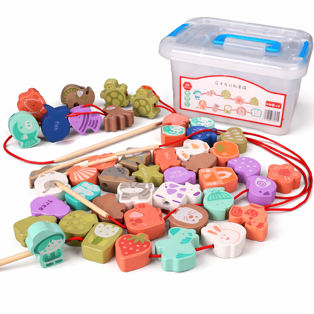 43 Pcs Macaron Farm + Ocean Beads Montessori Wooden Toys Box Smart Early Education Sensory STEM Toys for Toddlers Children