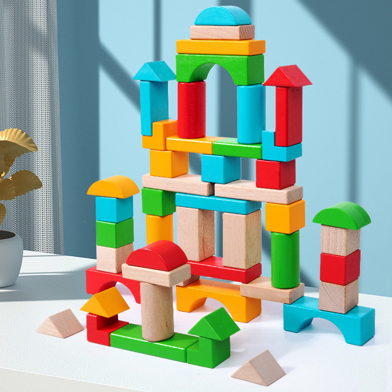Wooden Early Education 50 Pieces of Beech Wood Large Particle Geometric Assembly Building Blocks for Children's Creative Construction Stacking Puzzle Toy Wholes