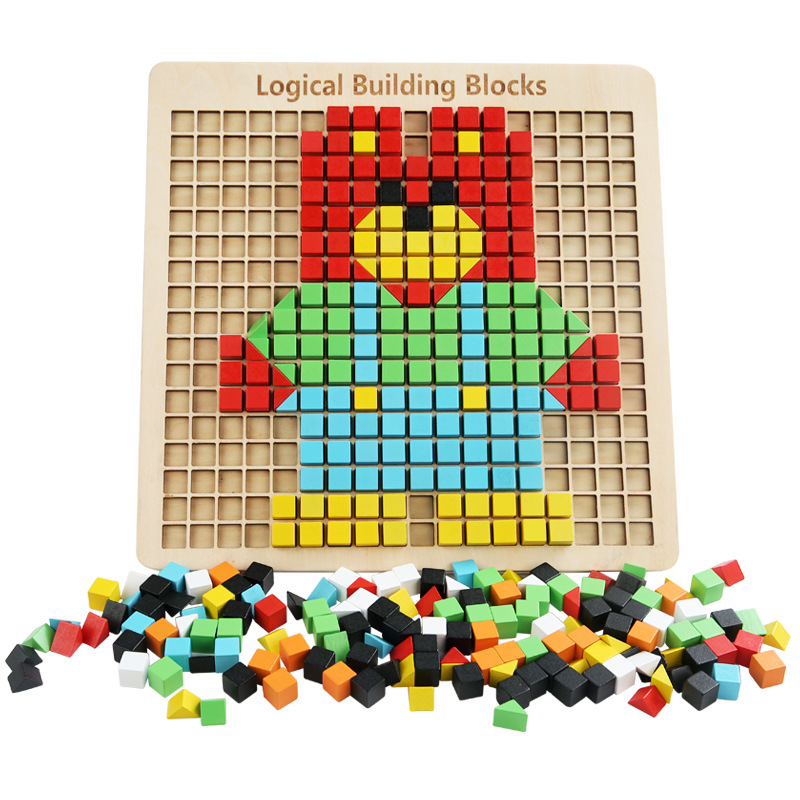 CPC CE Montessori Wooden Pixel Mosaic Puzzle Logical Building Blocks Pixelated Creative Art Board Educational Toys for Kids Gift