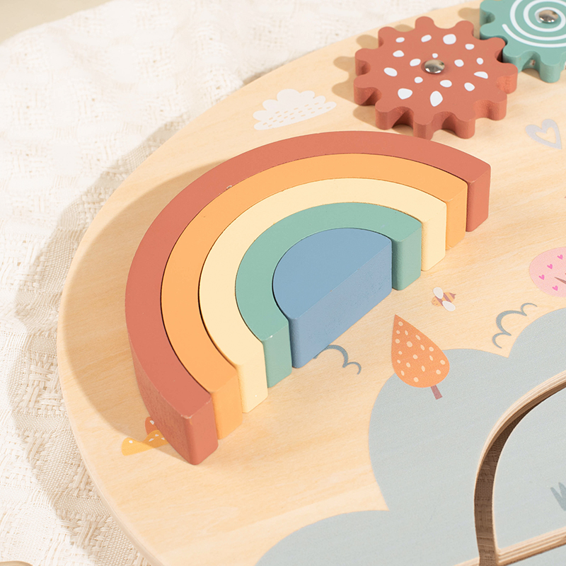 KWONG U TOYS Toddler Rainbow Wooden Sensory Board Montessori Educational Toy 38.8x27cm Multiple Activities Interactive Busy