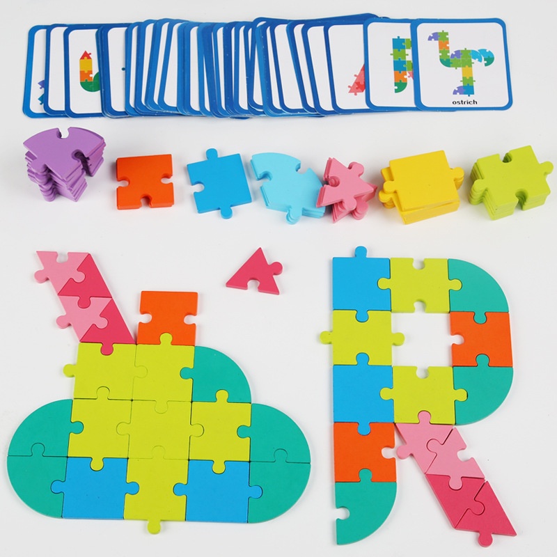 65-Piece Wood Buckle Puzzle for Children's Early Education Logical Thinking Geometric Shape Puzzle Digital Letter Learning Toy