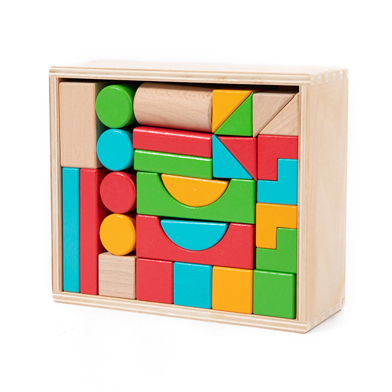 Wooden Early Education 50 Pieces of Beech Wood Large Particle Geometric Assembly Building Blocks for Children's Creative Construction Stacking Puzzle Toy Wholes