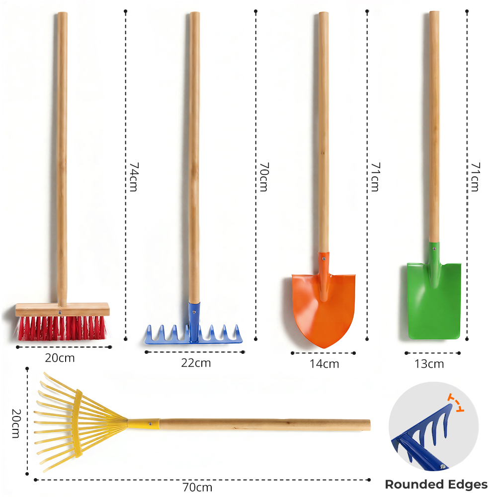 One99 Educational Custom Kids Outdoor Toys 5-in-1 Real Metal Yard Play Set Wholesale Preschool Garden Tools OEM Wooden Handle