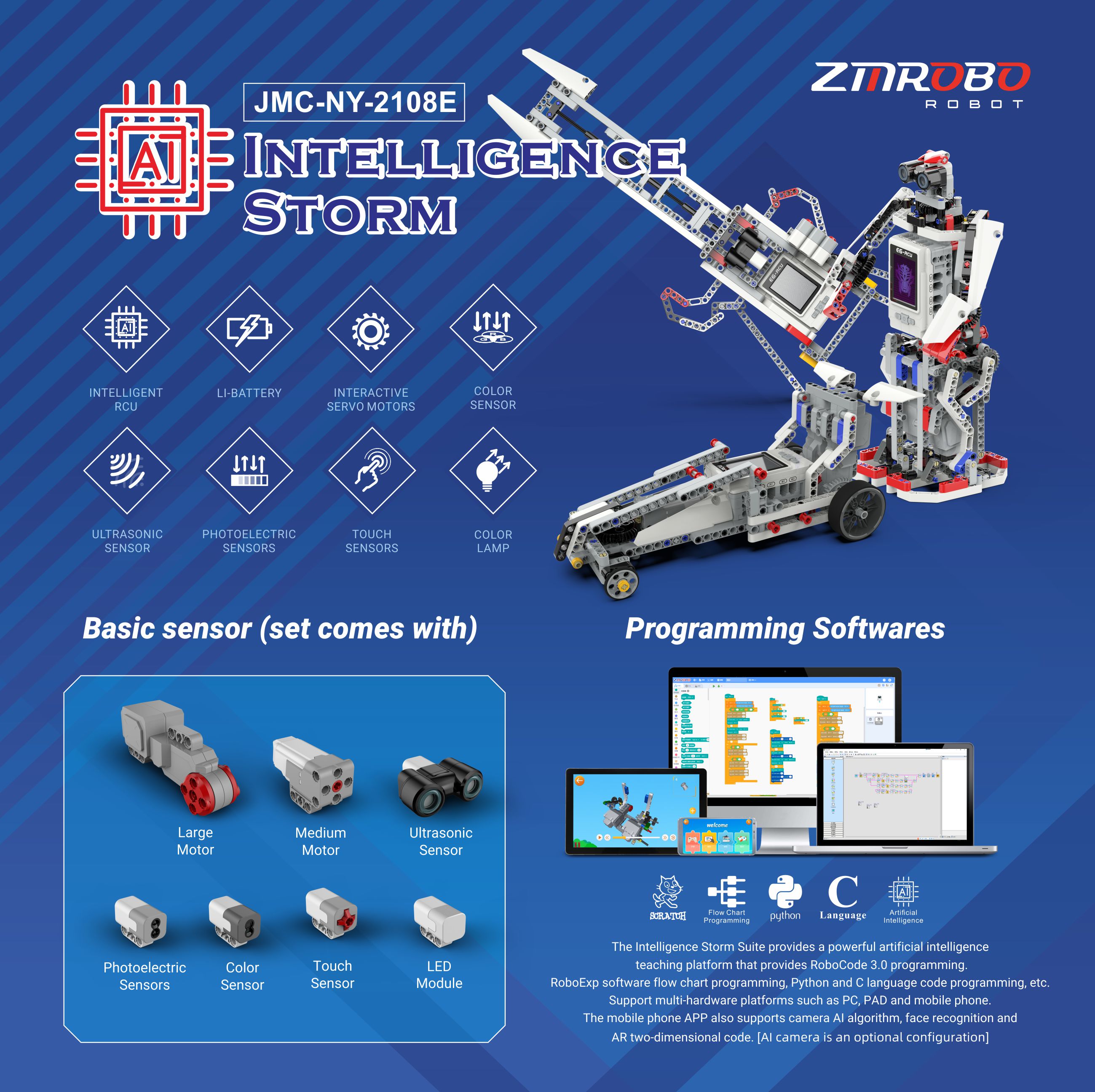 2108E-Intelligence Storm-ZMROBO, Multi-function Learning and Funny Robot Kit for STEM, Scratch, Coding, Programing Education