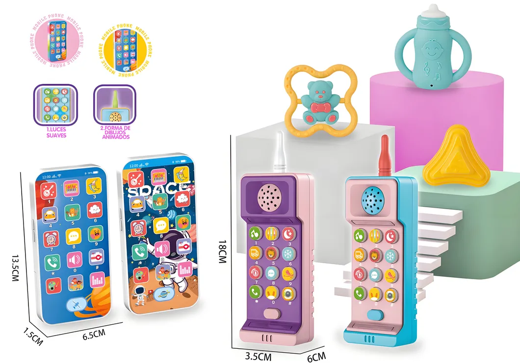 Early Education Sensory Learning Music Toys Rattle Soft Silicone Teether Mini Smart Phone Set for Baby