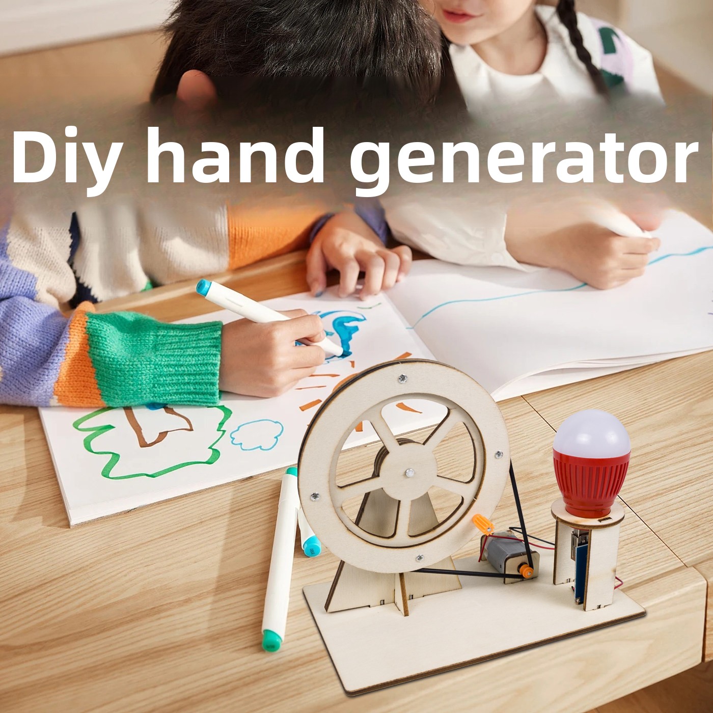 Children's Hand-Cranked Generator DIY Science Experiment Kit for Primary School Students-Wooden Material Assembly Model