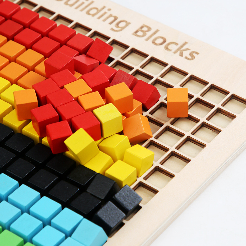 CPC CE Montessori Wooden Pixel Mosaic Puzzle Logical Building Blocks Pixelated Creative Art Board Educational Toys for Kids Gift