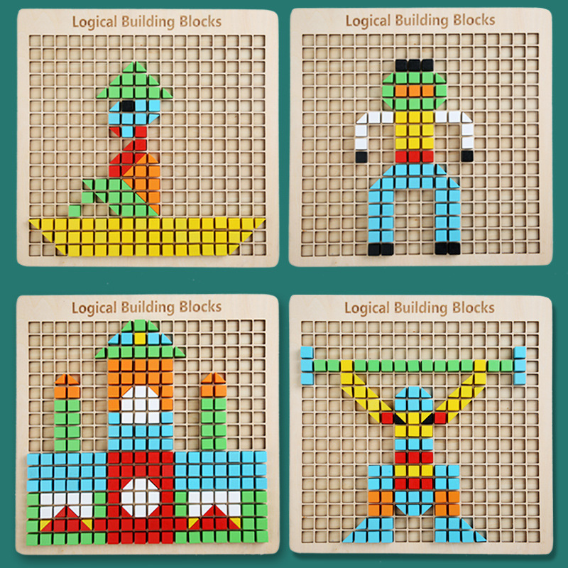 CPC CE Montessori Wooden Pixel Mosaic Puzzle Logical Building Blocks Pixelated Creative Art Board Educational Toys for Kids Gift
