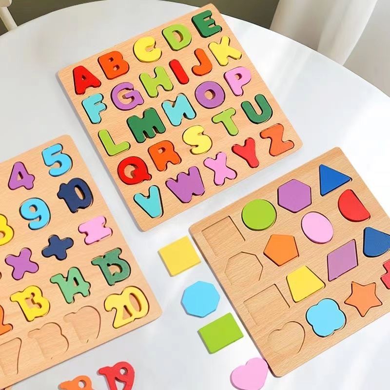 Wholesale Wooden Board Alphabet Number Kids Montessori 3D Learning Puzzle Shaped Cognitive Board Toys