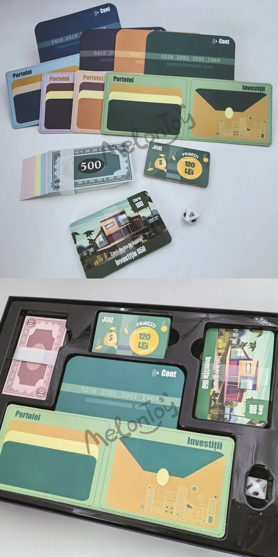 Detailed board game tokens and design elements layout