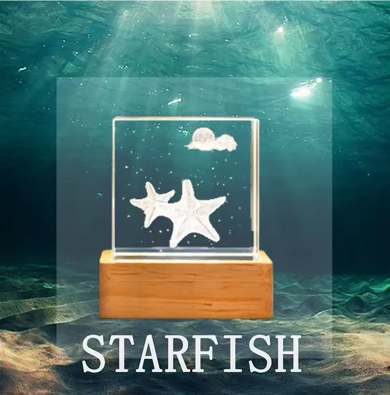 Wholesale 3D Three-dimensional Dolphin Starfish Animals Trees Cube Artifact Clear Crystal Cube Night Light Decoration