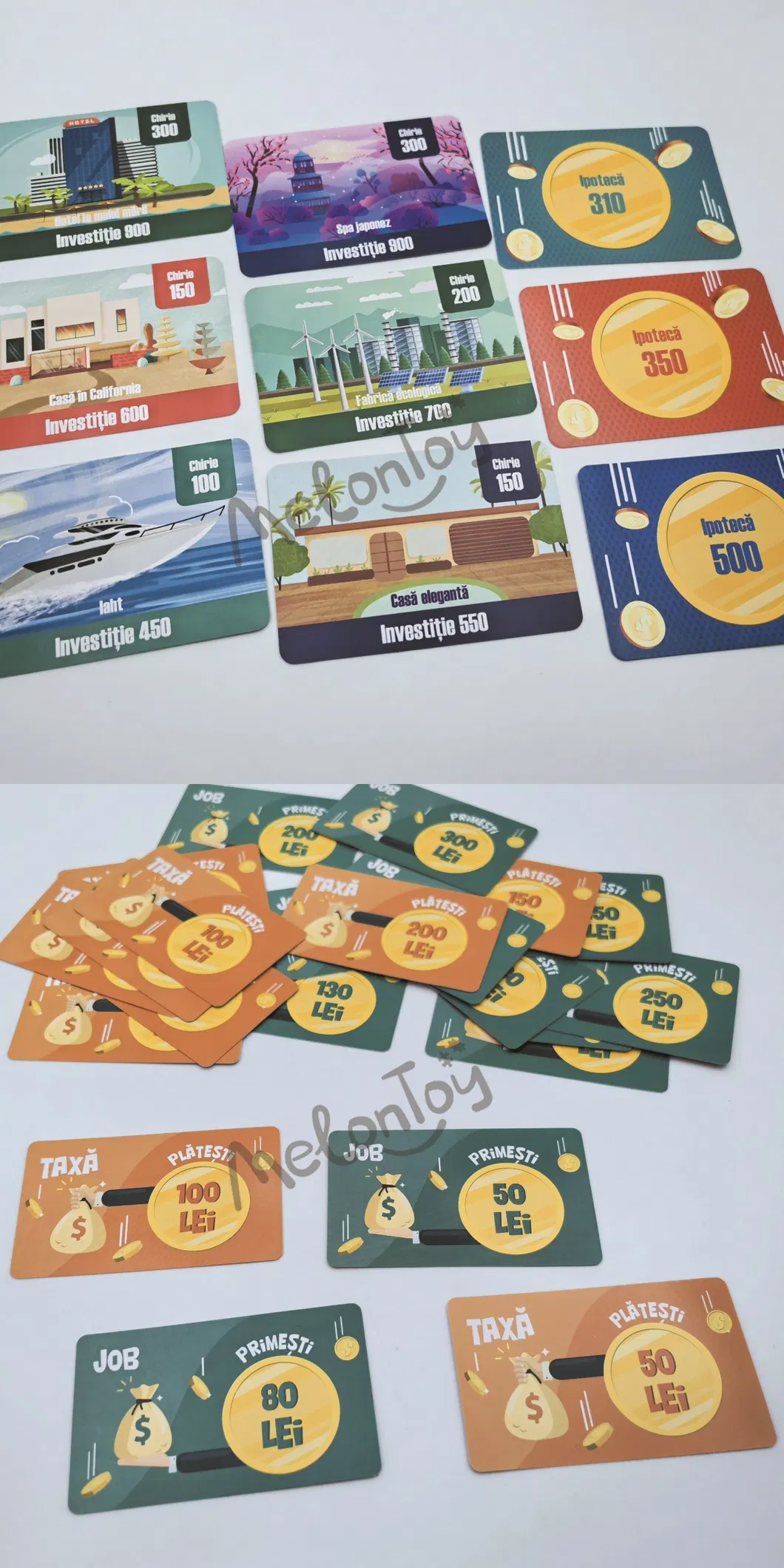 Detailed printed cards and cardboard game components