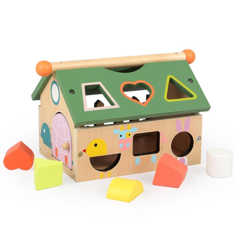 Kid China Wholesale Children Baby DIY Montessori Intellectual Educational New Small Popular Learning Wooden Wisdom Building Model House Shape Sorter Block Toy